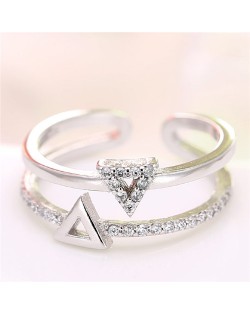 Cubic Zirconia Embellished Dual Triangles Shining Design Fashion Ring - Silver