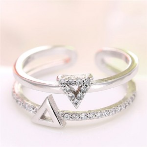 Cubic Zirconia Embellished Dual Triangles Shining Design Fashion Ring - Silver