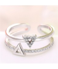 Cubic Zirconia Embellished Dual Triangles Shining Design Fashion Ring - Silver