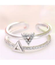 Cubic Zirconia Embellished Dual Triangles Shining Design Fashion Ring - Silver