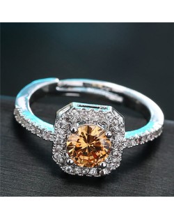 Cubic Zirconia Inlaid Luxurious Square Design Statement Fashion Ring - Champagne
