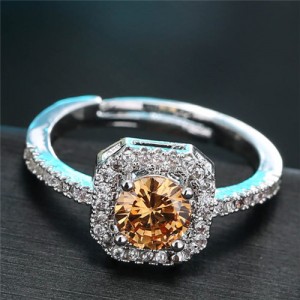 Cubic Zirconia Inlaid Luxurious Square Design Statement Fashion Ring - Champagne