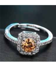 Cubic Zirconia Inlaid Luxurious Square Design Statement Fashion Ring - Champagne