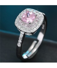 Cubic Zirconia Inlaid Graceful Square Design Fashion Ring - Pink