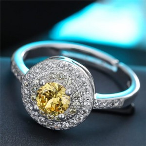 Cubic Zirconia Embellished Exquisite Round Fashion Statement Ring - Yellow