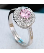 Cubic Zirconia Embellished Exquisite Round Fashion Statement Ring - Pink