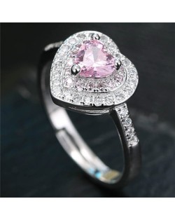 Cubic Zirconia Embellished Delicate Heart Design Fashion Ring - Pink