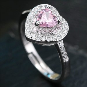 Cubic Zirconia Embellished Delicate Heart Design Fashion Ring - Pink