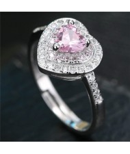 Cubic Zirconia Embellished Delicate Heart Design Fashion Ring - Pink