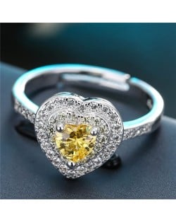 Cubic Zirconia Embellished Delicate Heart Design Fashion Ring - Yellow