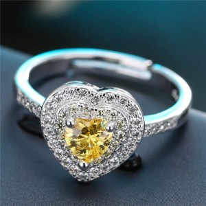 Cubic Zirconia Embellished Delicate Heart Design Fashion Ring - Yellow