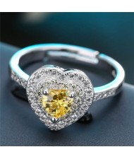 Cubic Zirconia Embellished Delicate Heart Design Fashion Ring - Yellow