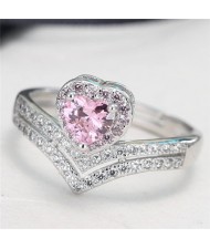 Cubic Zirconia Heart Shape Decoration Design V Shape Fashion Ring - Pink