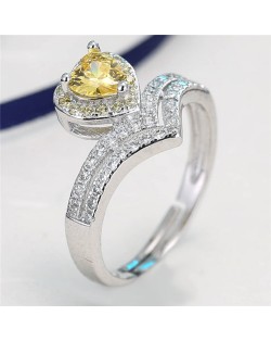 Cubic Zirconia Heart Shape Decoration Design V Shape Fashion Ring - Yellow