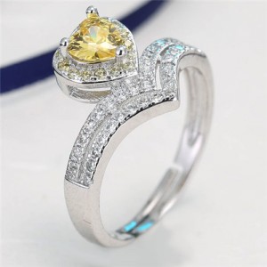 Cubic Zirconia Heart Shape Decoration Design V Shape Fashion Ring - Yellow