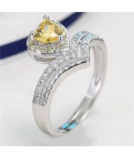 Cubic Zirconia Heart Shape Decoration Design V Shape Fashion Ring - Yellow