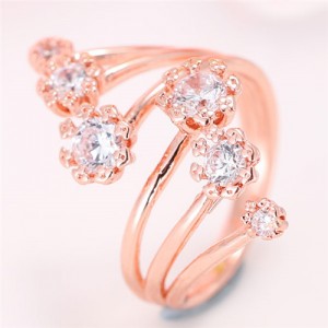 Korean Fashion Graceful Design Cubic Zirconia Inlaid Floral Ring - Copper
