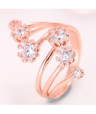 Korean Fashion Graceful Design Cubic Zirconia Inlaid Floral Ring - Copper