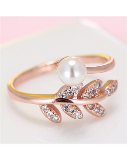 Pearl and Leaves Design Costume Fashion Ring - Copper