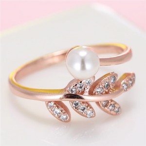 Pearl and Leaves Design Costume Fashion Ring - Copper