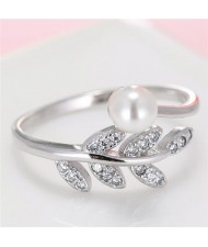 Pearl and Leaves Design Costume Fashion Ring - Silver