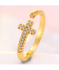 Cubic Zirconia Embellished Cross Theme Fashion Ring - Golden
