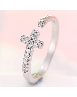 Cubic Zirconia Embellished Cross Theme Fashion Ring - Silver