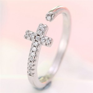 Cubic Zirconia Embellished Cross Theme Fashion Ring - Silver