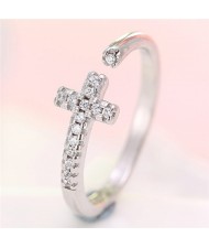 Cubic Zirconia Embellished Cross Theme Fashion Ring - Silver