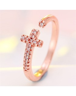 Cubic Zirconia Embellished Cross Theme Fashion Ring - Copper