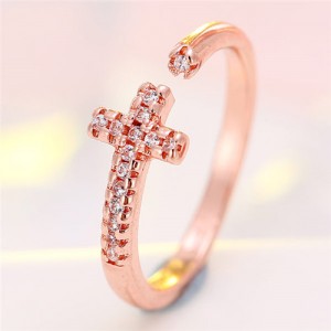 Cubic Zirconia Embellished Cross Theme Fashion Ring - Copper