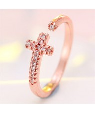 Cubic Zirconia Embellished Cross Theme Fashion Ring - Copper