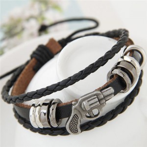 Pistol and Rings Decoration Multi-layers Leather Fashion Bracelet