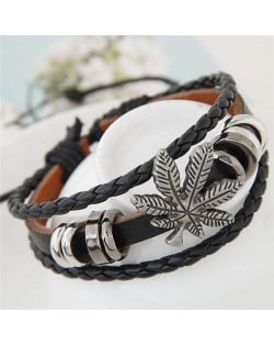 Vintage Leaf and Alloy Rings Decorations Leather Fashion Bracelet