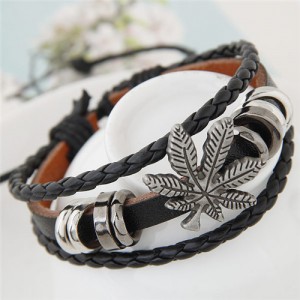 Vintage Leaf and Alloy Rings Decorations Leather Fashion Bracelet