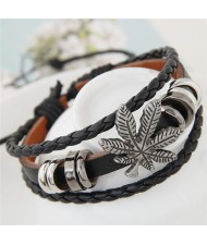Vintage Leaf and Alloy Rings Decorations Leather Fashion Bracelet