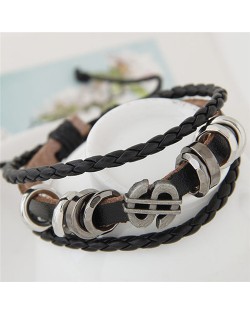 Vintage Dollar Symbol and Rings Multi-layer Leather Bracelet