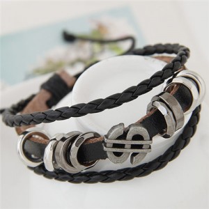 Vintage Dollar Symbol and Rings Multi-layer Leather Bracelet