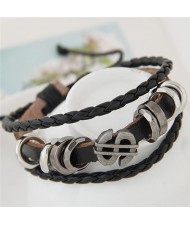 Vintage Dollar Symbol and Rings Multi-layer Leather Bracelet