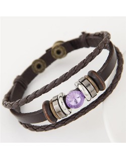 Purple Gem Inlaid Triple Layers Weaving Leather Bracelet