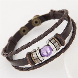 Purple Gem Inlaid Triple Layers Weaving Leather Bracelet