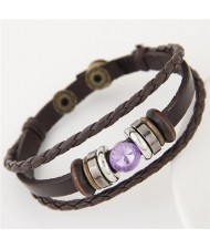 Purple Gem Inlaid Triple Layers Weaving Leather Bracelet