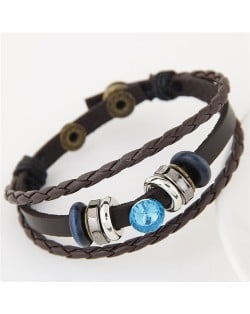 Blue Gem Inlaid Triple Layers Weaving Leather Bracelet
