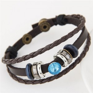 Blue Gem Inlaid Triple Layers Weaving Leather Bracelet