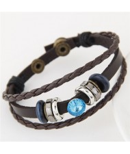 Blue Gem Inlaid Triple Layers Weaving Leather Bracelet