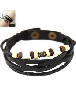 Vintage Beads Decorated Multi-layers Leather Fashion Bracelet - Black