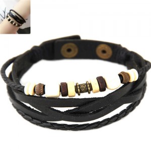 Vintage Beads Decorated Multi-layers Leather Fashion Bracelet - Black