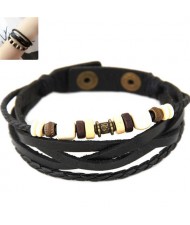 Vintage Beads Decorated Multi-layers Leather Fashion Bracelet - Black