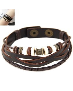 Vintage Beads Decorated Multi-layers Leather Fashion Bracelet - Brown