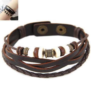 Vintage Beads Decorated Multi-layers Leather Fashion Bracelet - Brown